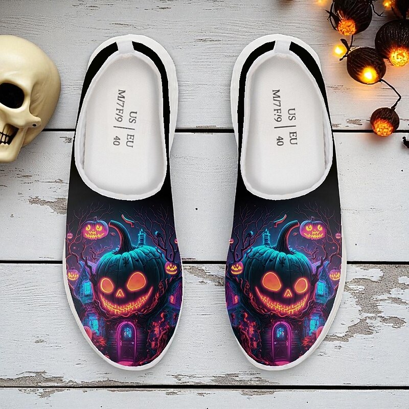 Men's Slip-On Sneakers with Neon Pumpkin House Design, Lightweight Casual Shoes for Halloween Party and Walking4