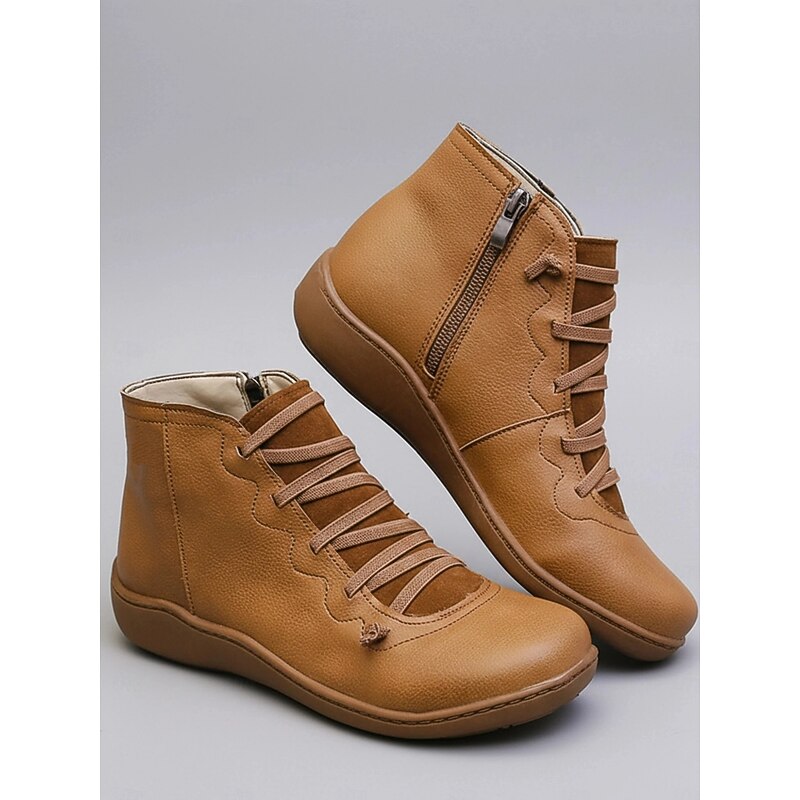 Women's Brown Leather Casual Ankle Boots with Zipper and Lace-Up Design - Comfortable and Lightweight for Everyday Wear3
