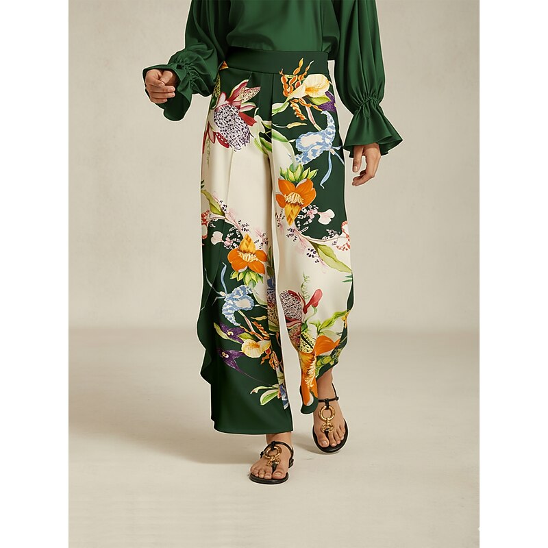 Women's Wide Leg Pants Satin Dark Green Floral Placement Print Front Overlap Slit Spring Autumn4
