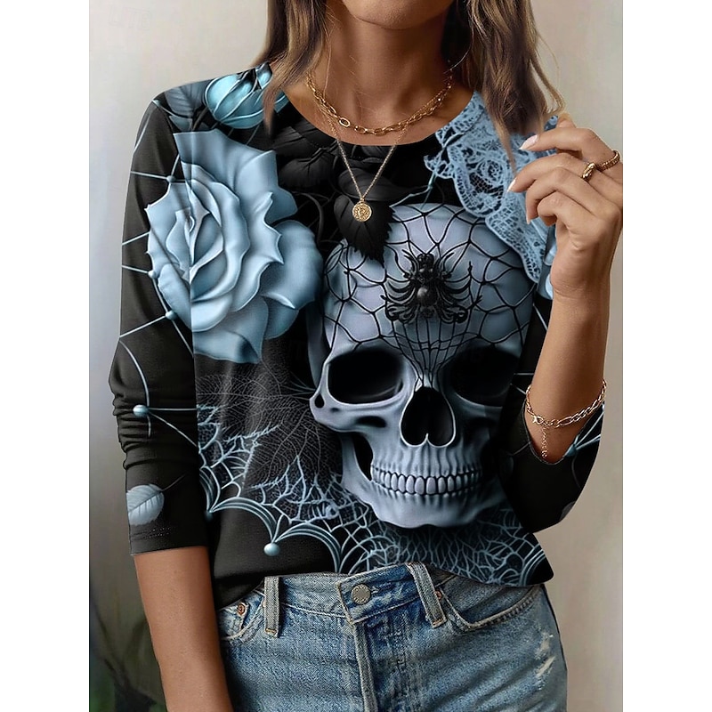 Halloween Women's T Shirt Skulls Graphic Fashion Casual Long Sleeve Crew Neck Round Neck Regular Tops Daily Weekend Print Pink Blue Purple Green Gray Summer Spring Fall2