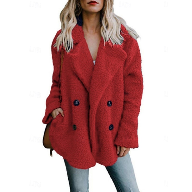 Women's Teddy Coat Comfortable Breathable Buttons Casual Plain Vacation Street Casual Daily Wear Double Breasted Regular Turndown Regular Fit Long Sleeve Outerwear White Red Dark Grey Spring Fall3