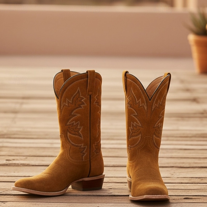 Men's Classic Suede Western Cowboy Boots - Brown Faux Leather Mid-Calf Embroidered Rodeo Style - Perfect for Rodeo, Country Weddings, and Outdoor Events3
