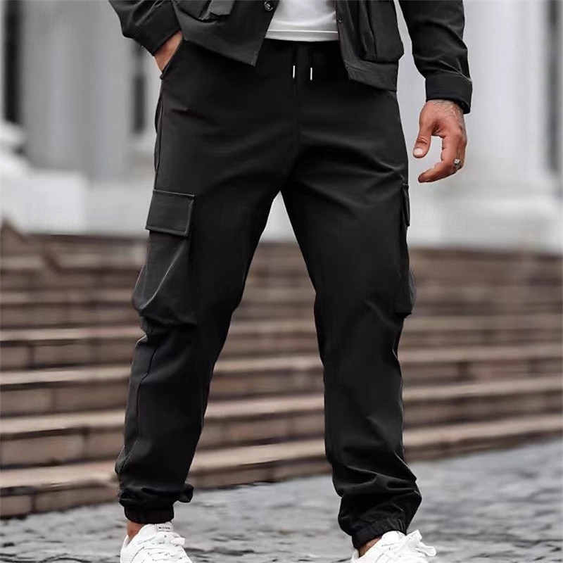 Men's Cargo Pants Trousers Drawstring Elastic Waist Multi Pocket Plain Wearable Outdoor Daily Camping & Hiking Fashion Classic Black Army Green2