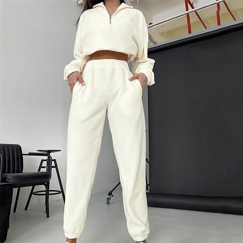 Women's Fashion Streetwear Pants Sets Bolero Top Sweatshirt Long Sleeve Stand Collar Solid Color Zipper Outdoor Work Casual White Spring Loose Fit3