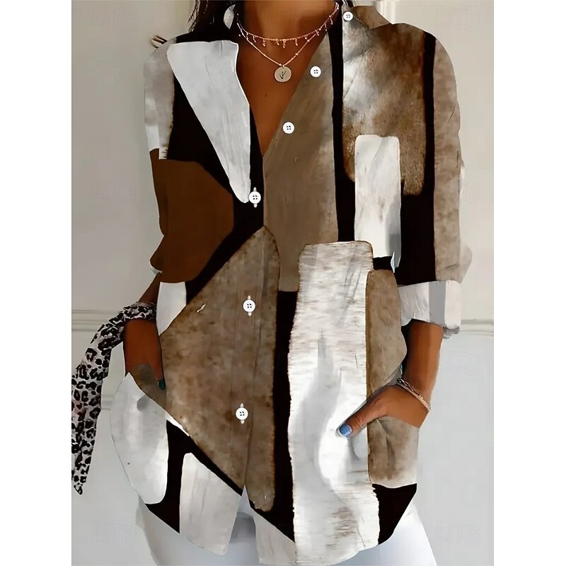 Women's Shirt Graphic Geometric Abstract Vintage Daily Casual Long Sleeve Shirt Collar Regular Tops Daily Holiday Print Black Light Brown Brown Summer Spring3