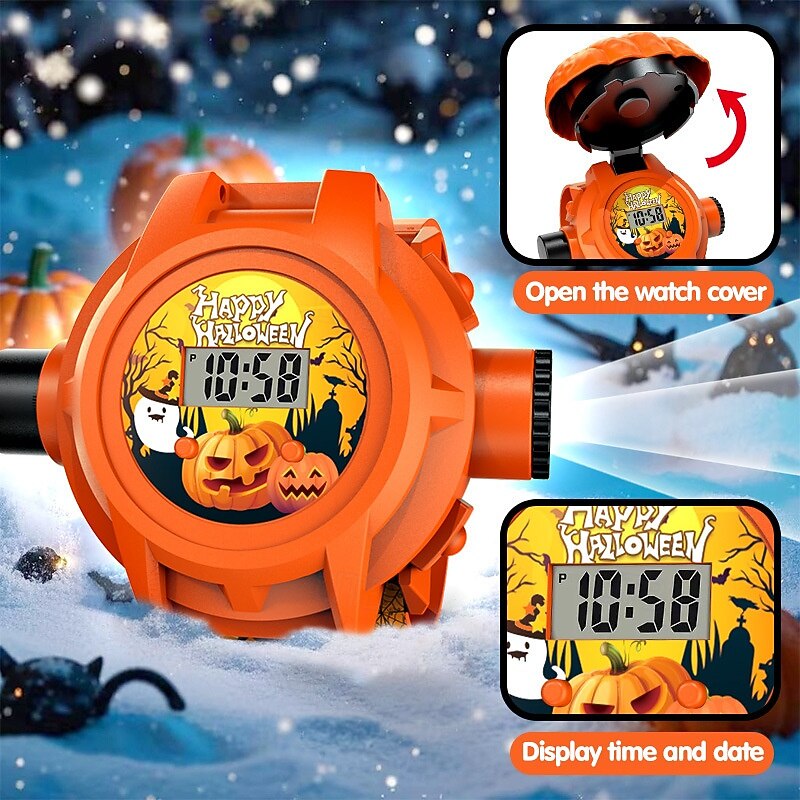 Spooky Halloween Projection Watch  24 Fun Cartoon Designs Glowing Pumpkin Cover Digital Wristwatch Toy - Cool Holiday Gift & Party Favor for Boys and Girls4