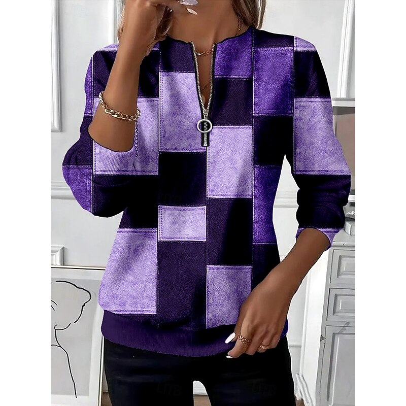Women's Pullover Sweatshirt Zip Up Sweatshirts Graphic Geometric Color Block Fashion Casual Long Sleeve Crew Neck Regular Tops Street Dailywear Zipper Print Purple Dark Blue Gray Fall Winter2