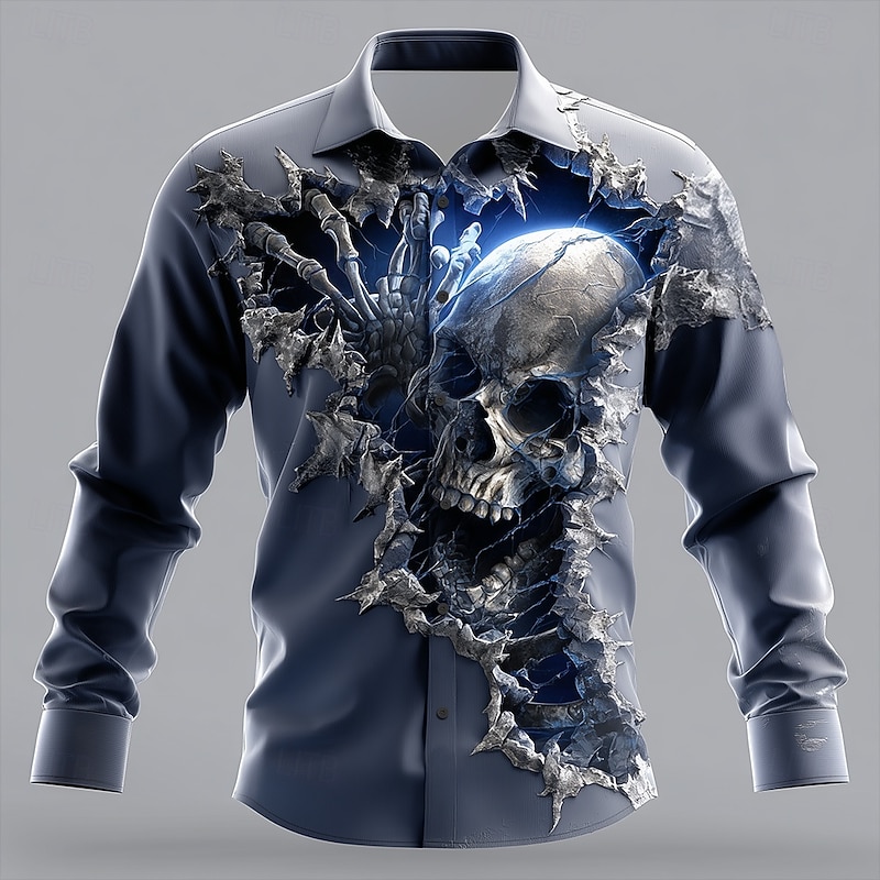 Halloween Men's Skull Horror Cracked Wall Shirt Button Up Shirt Long Sleeve Dark Gothic Style Holiday Streetwear Spring Fall Turndown 3D Print Collared Shirts Blue Dark Blue2