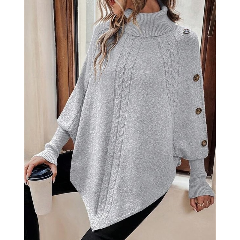 Women's Sweater Pullover Fashion Casual Pure Color Ribbed Turtleneck Buttons Knitted Asymmetric Hem Long Sleeve Regular Tops Knit Outdoor Daily Weekend Black Khaki Fall Winter4