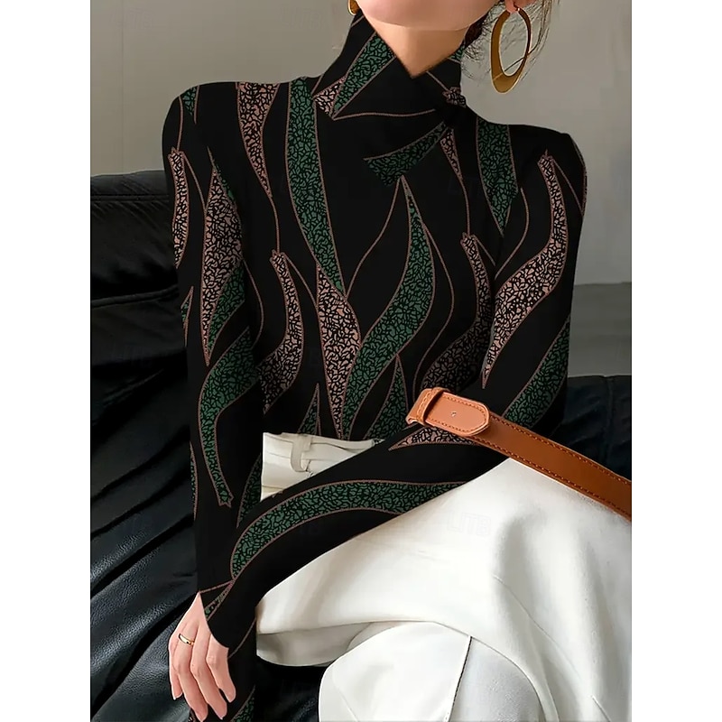 Women's T Shirt Graphic Abstract Geometry Elegant Vintage Stylish Long Sleeve High Neck Asymmetric Neck Regular Tops Daily Print Dark Green Spring Fall Winter