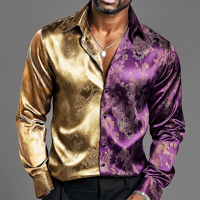 Men's Ethnic Intricate Floral Flowers Shirt Satin Shirt Dress Shirt Long Sleeve Vintage Retro Vacation Dailywear Summer Spring Fall Turndown 3D Print Button Up Shirts Blue Purple Gold Light Grey Gray4