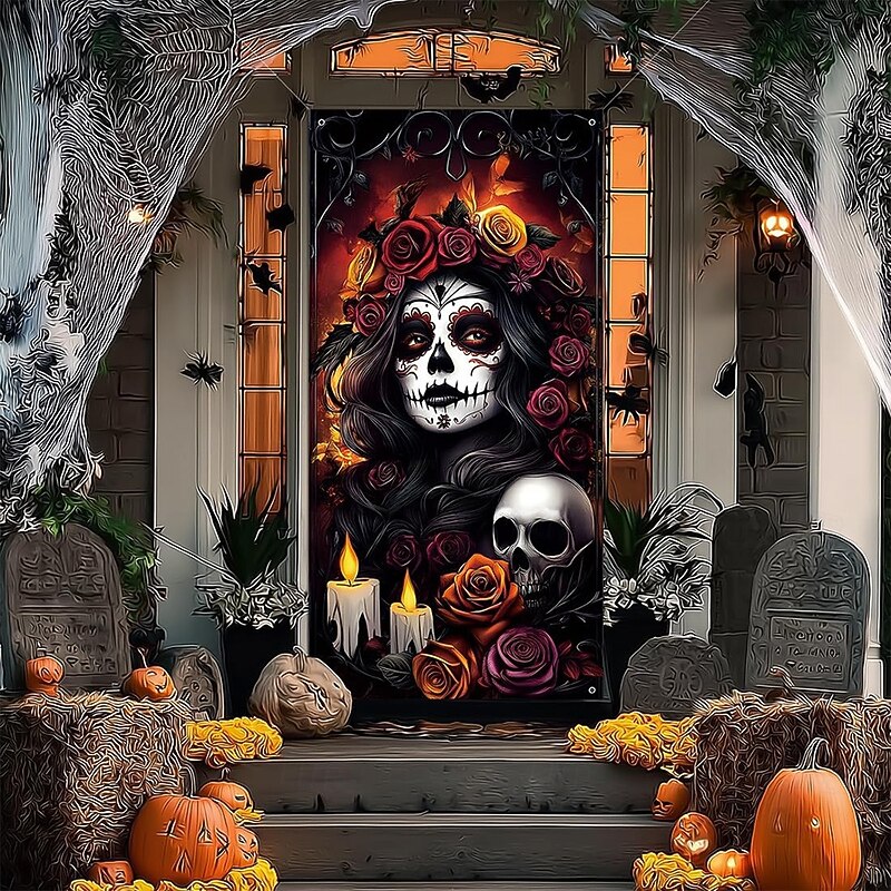 Halloween Door Cover Outdoor Banners Skeleton Mexico Dark Punk Gothic Style Party Outdoor Shooting Backgrounds Front Door Wall Porch Home Decor2
