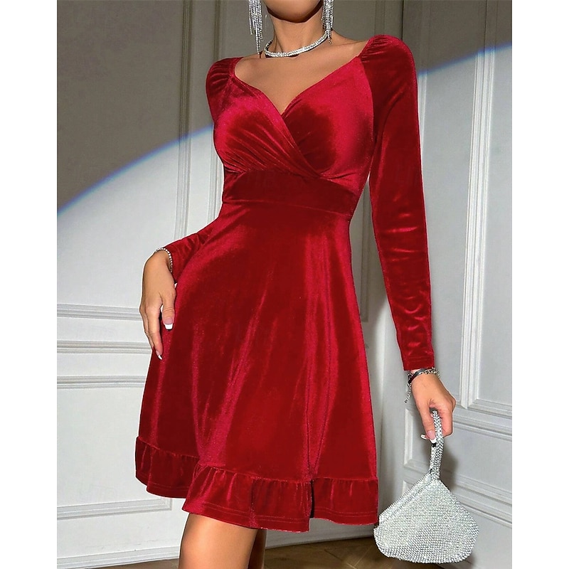 Women's Midi Dress Velvet Dress Cocktail Dress Elegant Fashion Modern Outdoor Party Party Evening Wear Regular Fit Plain Long Sleeve V Neck Red Spring Autumn