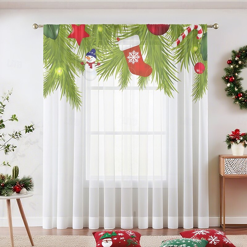 1pc New Christmas Series Sheer Curtain, 3D Digital Printed Rod Pocket Window Voile, Bedroom & Living Room Holiday Decoration, Factory Direct3