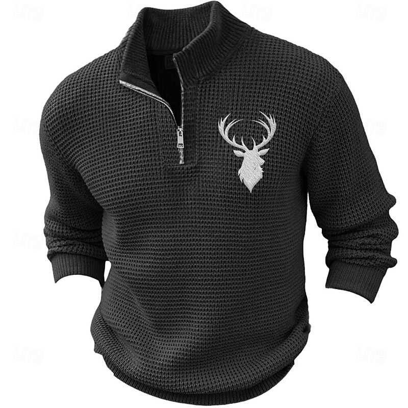Men's Elk Pullover Sweater Jumper Sweater Polo Polo Sweater Zip Collar Casual School Outdoor Vacation Embroidered Zipper Knitting Long Sleeve Spring Fall Winter Black Brown Military Green2