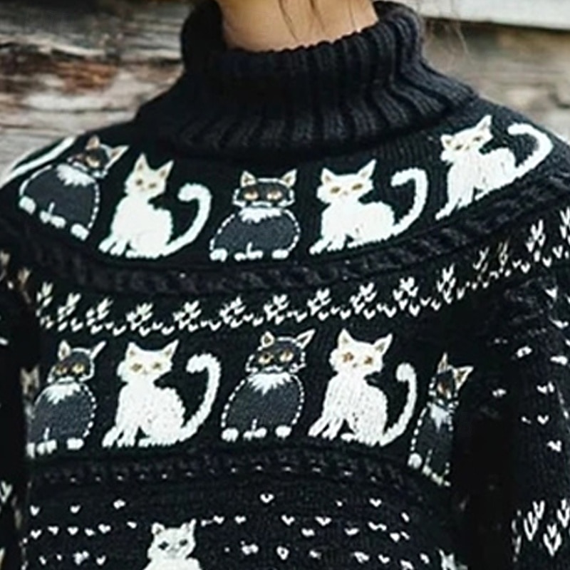 Women's Sweater Pullover Daily Casual Animal Ribbed Crew Neck Knitted Print Long Sleeve Regular Tops Knit Outdoor Weekend Black Fall Winter2