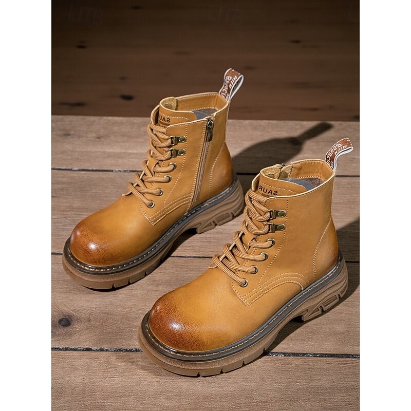 Women's Outdoor Lace Up Ankle Boots with Side Zipper and Chunky Non Slip Sole - Casual Hiking Workwear Combat Style Boots for Fall and Winter2