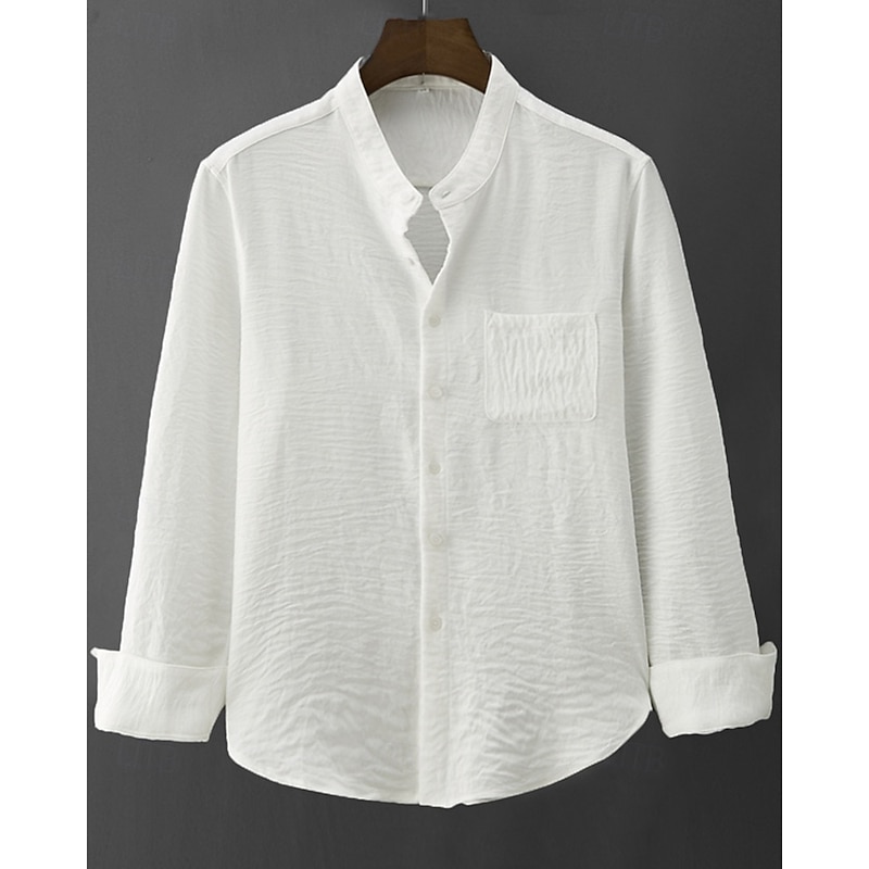 Men's Shirt Summer Shirt Casual Shirt Beach Shirt Button Up Shirt White Gray Long Sleeve Plain Band Collar Vacation Hawaiian Pocket Clothing Apparel Polyester Fashion Casual Comfortable