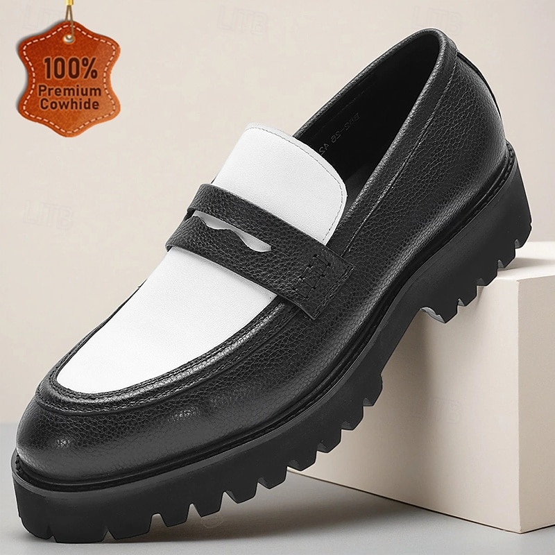 Men's Black and White Loafers – Genuine Leather Slip-On Shoes with Contrast Panel, Comfortable Business Casual Footwear for Office, Travel and Daily Wear