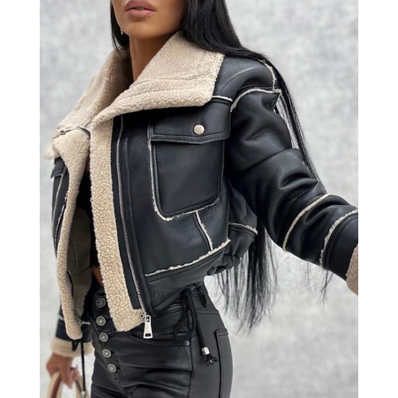 Women's Faux Leather Jacket Warm Comfortable Pocket Buttons Casual Plain Vacation Casual Daily Wear Going out Short Turndown Regular Fit Long Sleeve Outerwear Black Khaki Beige Fall Winter