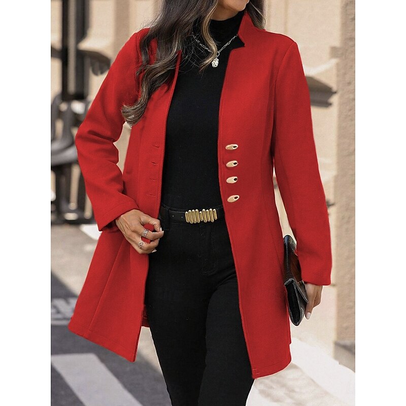 Women's Winter Coat Winter Jacket Comfortable Breathable Pocket Casual Plain Vacation Street Daily Wear Going out Single Breasted Regular Stand Collar Regular Fit Long Sleeve Outerwear Black Red2
