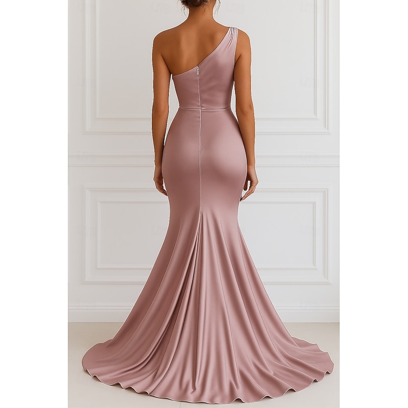 Mermaid / Trumpet Evening Gown Elegant Dress Formal Wedding Floor Length Sleeveless One ShoulderDress Stretch Satin with Pleats3