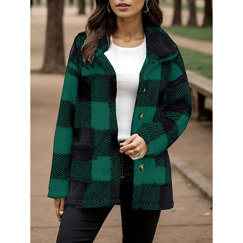 Women's Fleece Jacket Sherpa Jacket Casual Jacket Comfortable Breathable Pocket Buttons Print Casual Plaid Vacation Street Casual Daily Wear Single Breasted Long Turndown Regular Fit Long Sleeve2