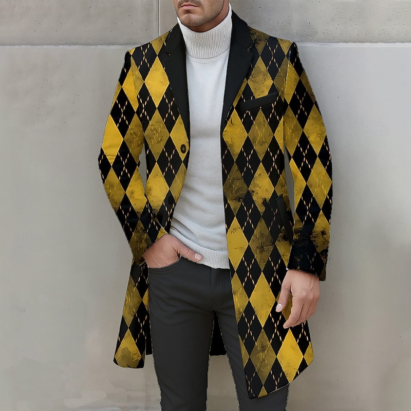 Men's Geometric Argyle Overcoat Coat Casual Business Daily 3D Print Buttons Front Pocket Spring Fall Winter Notch Long Sleeve Yellow Orange Brown2