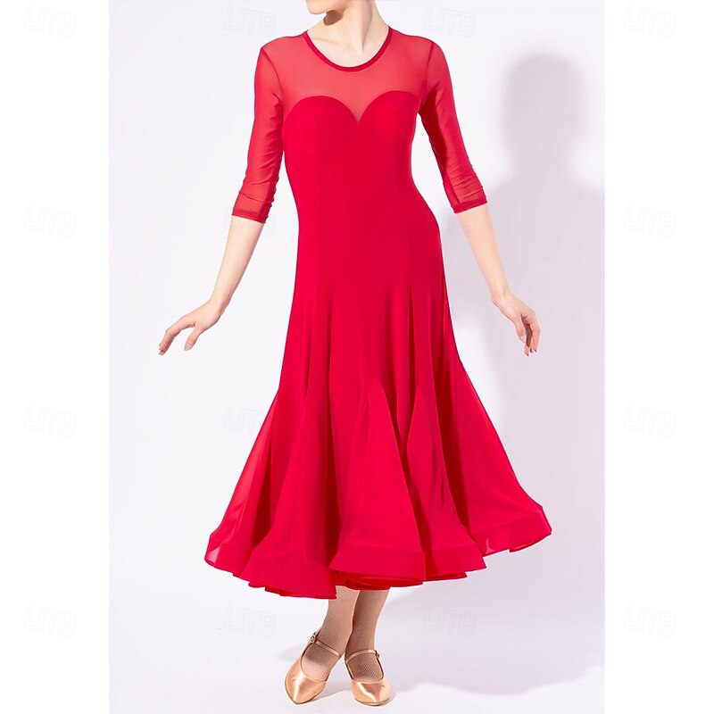 Women's Red Ballroom Dance Dress  Flared Skirt, and Heart-Shaped Bodice - Elegant Performance Wear for Latin, Salsa, and Social Dance