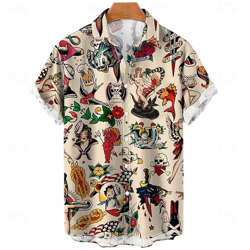 Men's Floral Mermaid Pirate Shirt Summer Hawaiian Shirt Aloha Shirt Short Sleeves Shirt Turndown Vintage Tropical Fashion Street Casual Hawaiian Apricot Black Yellow S M L2