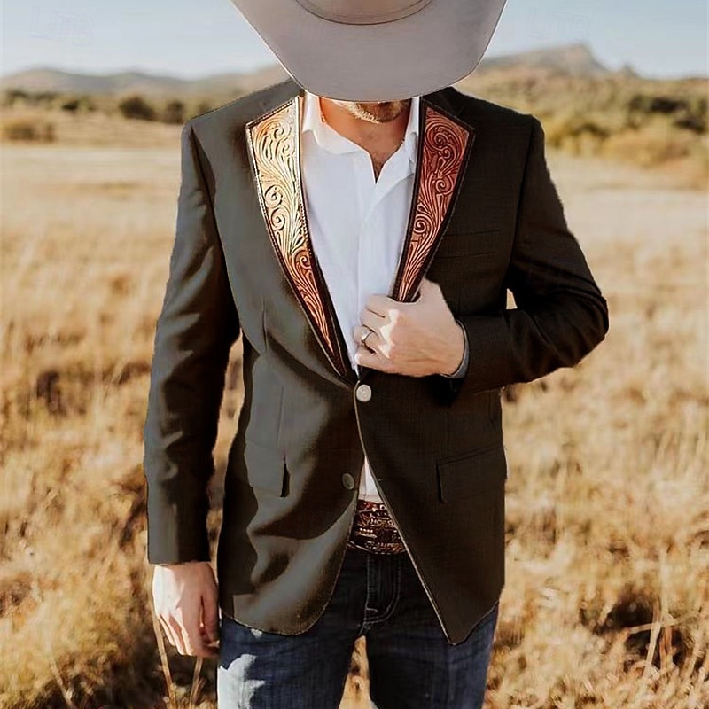 Men's Blazer Business Cocktail Party Wedding Party Fashion Casual Spring Fall Polyester Color Block Patchwork Pocket Comfortable Single Breasted Blazer Black Beige2