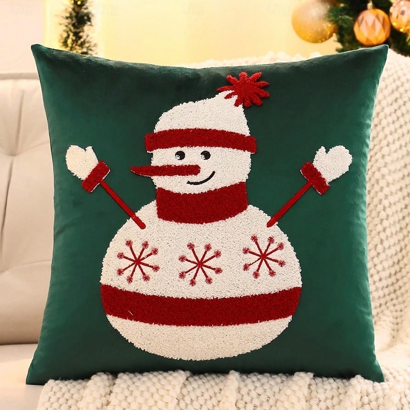 Christmas Snowman Embroidered Throw Pillow, Holiday Decorative Cushion Cover for Sofa Couch Bed