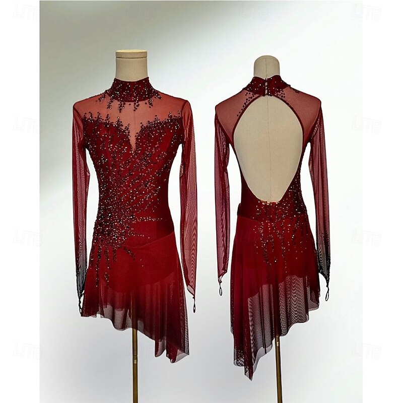 Figure Skating Dress Women's Girls' Ice Skating Dress Red Patchwork Open Back Mesh Spandex High Elasticity Training Competition Skating Wear Classic Crystal / Rhinestone Long Sleeve Ice Skating