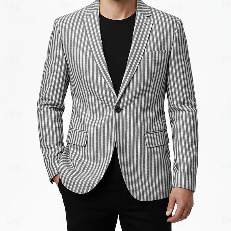Men's Blazer Jacket Work Business Spring & Summer Fall & Winter Polyester Vertical Stripes Single Breasted One-button Blazer Dark Gray Light Grey4