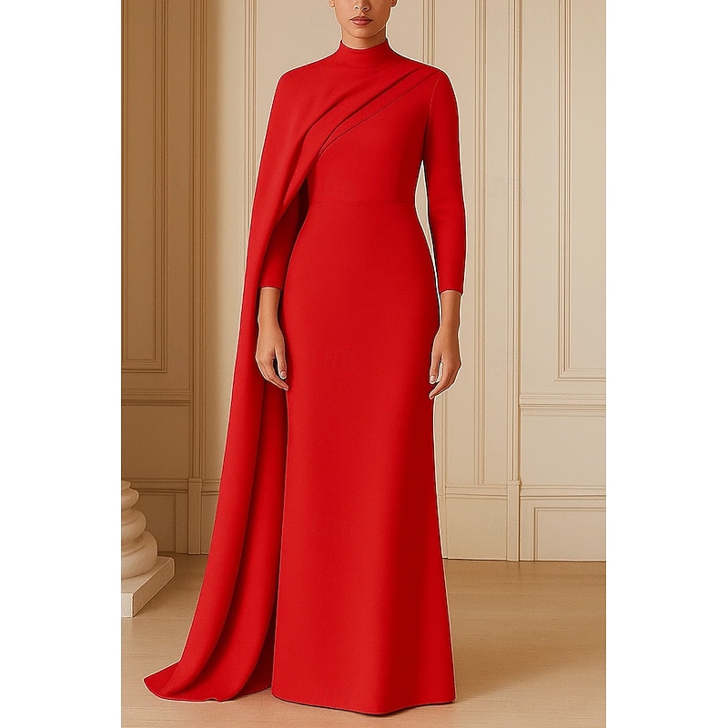 Formal Cape Dress Sheath / Column Evening Gown Detachable Cape Elegant Dress Formal Wedding Sweep / Brush Train 3/4 Length Sleeve High Neck Stretch Crepe with Ruched 2025