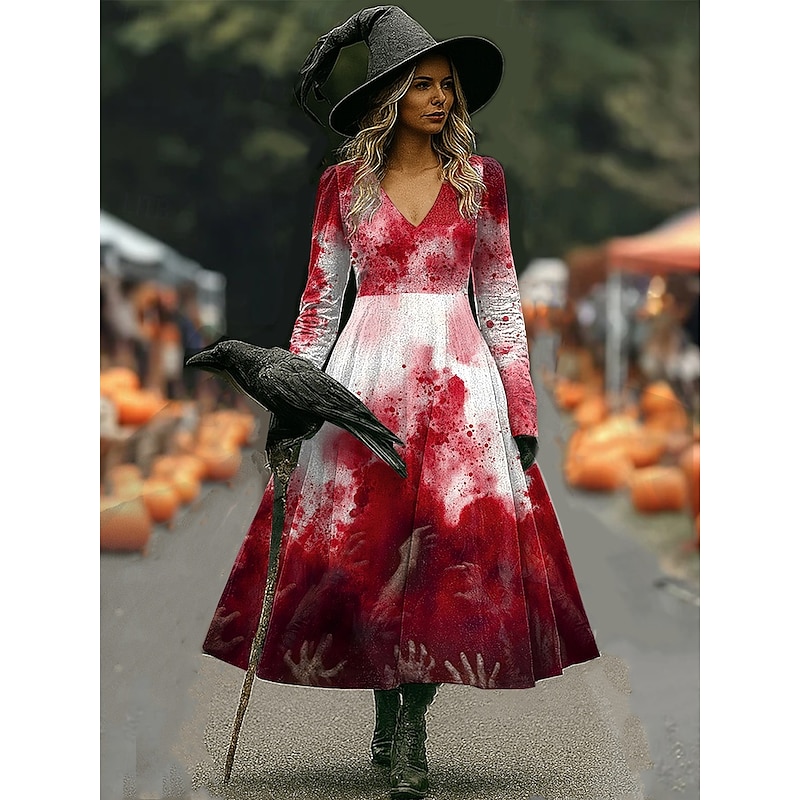 Halloween Women's Witch Print Midi Dress A Line Dress Vacation Casual Daily Regular Fit Floral Graphic Hocus Pocus Long Sleeve V Neck Black Red Brown Spring Fall