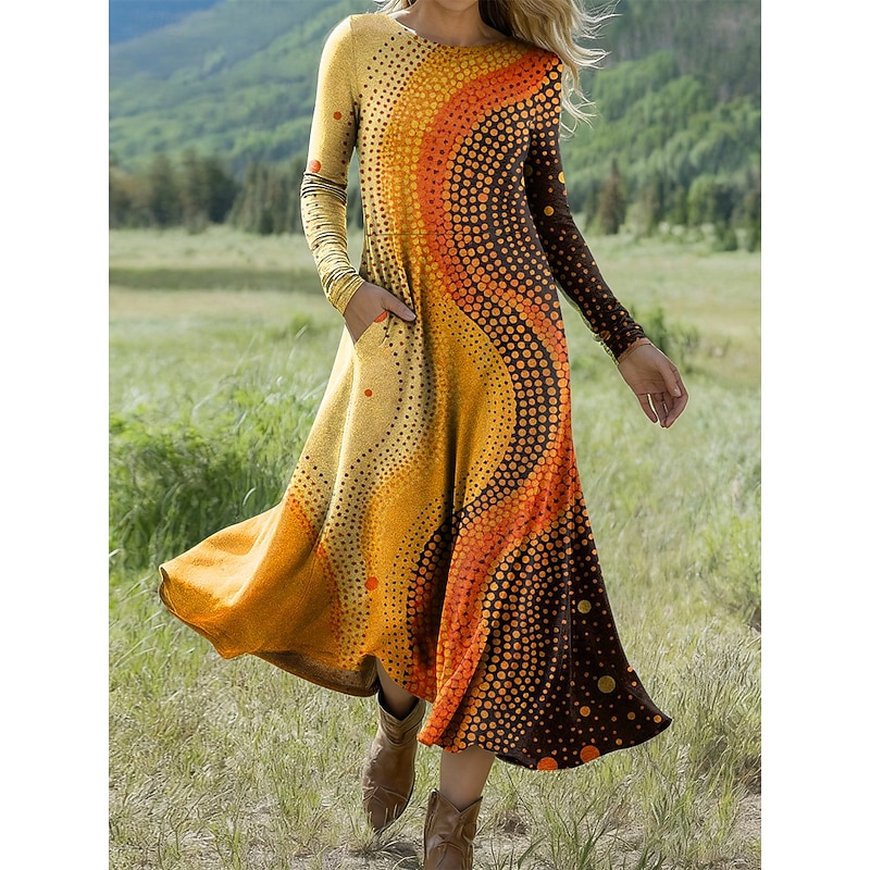Women's Midi Dress A Line Dress Fit And Flare Dress Vacation Casual Daily Regular Fit Graphic Geometric Long Sleeve Crew Neck Black Blue Orange Spring Fall Winter3