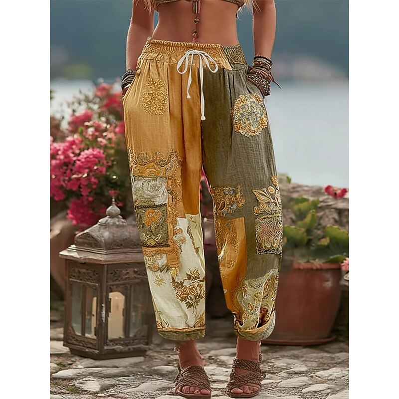 Women's Wide Leg Pants Trousers Vacation Vintage Ethnic Style Full Length Mid Waist Floral Drawstring Pocket Elastic Waist Comfy Breathability Micro-elastic Vacation Street Dailywear Yellow Pink Blue4