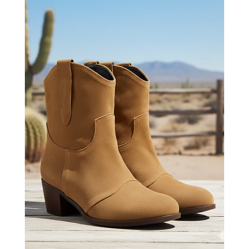 Women's Brown Faux Suede Western Ankle Boots – Vintage-Style Low Heel Cowboy Boots for Casual Outfits2