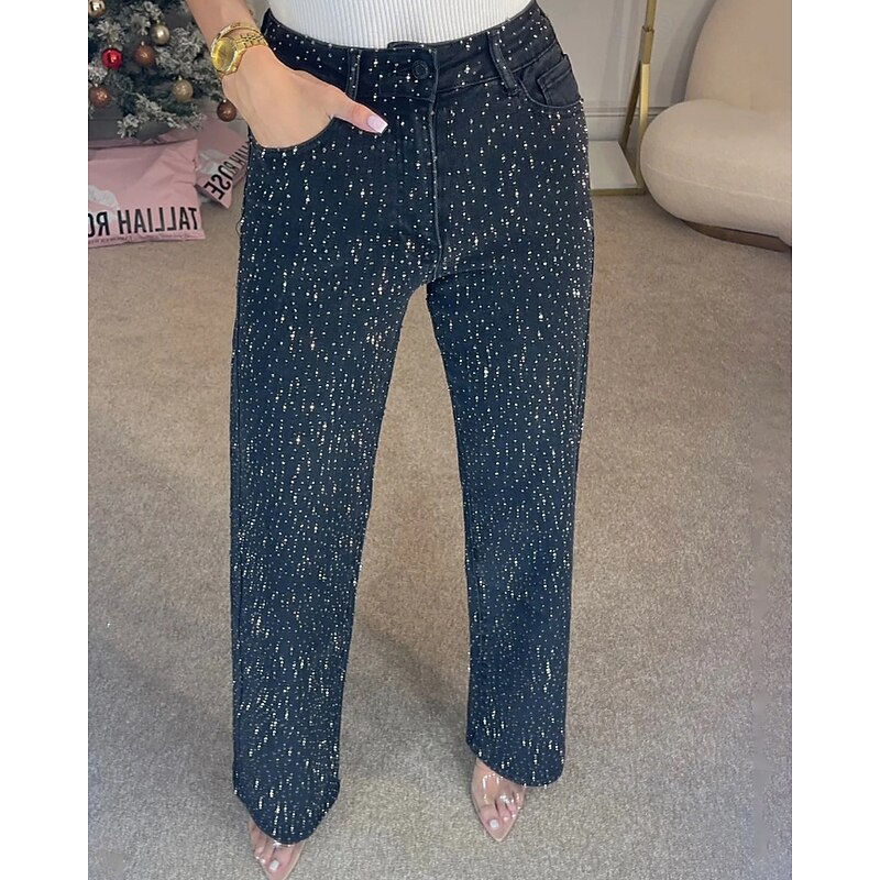 Women's Jeans Chinos Straight Streetwear Casual Full Length Medium Waist Plain Pocket Elastic Waist Comfortable Micro-elastic Outdoor Vacation Daily Black Light Blue Fall Winter Loose Fit3