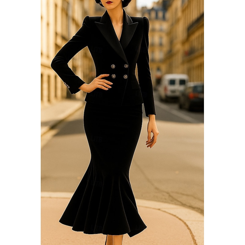 2 Pieces Tuxedo Dress Sets Mermaid / Trumpet Formal Wedding Guest Velvet Elegant Simple Long Sleeve Ankle Length Peak Lapel4