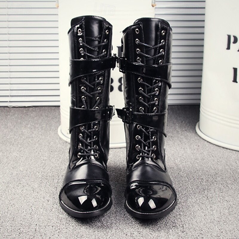 Men's Black Punk Rock Knee-High Boots – Shiny Patent Leather with Multi Buckle Straps and Lace-Up Front for Gothic, Biker, Concert and Halloween Outfits2
