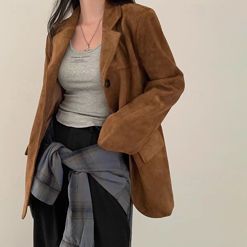 Women's Blazer Warm Comfortable Pocket Buttons Vintage Plain Formal Vacation Office Going out Regular Turndown Loose Fit Long Sleeve Outerwear Brown Khaki Fall Winter2