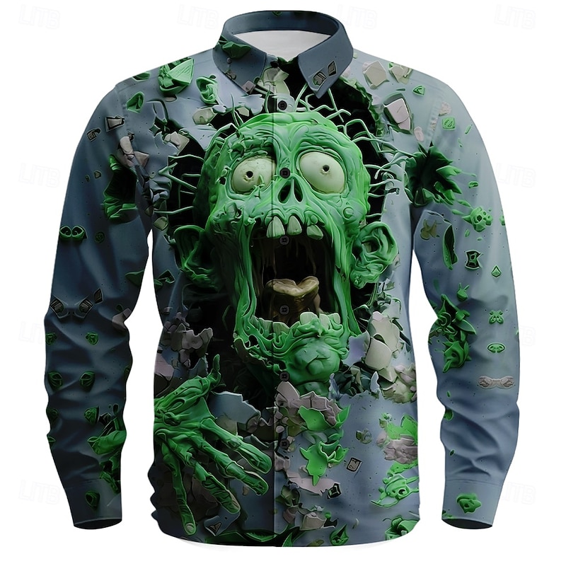 Halloween Men's Zombies Horror Cracked Wall Shirt Button Up Shirt Long Sleeve Dark Gothic Style Outdoor Casual Daily Spring Fall Turndown 3D Print Collared Shirts Blue Purple Green