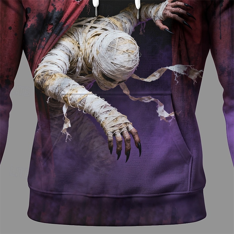 Halloween Men's Monster Hoodie Fashion Daily Hooded Vacation Party Streetwear Burgundy Drawstring Printing Fall Winter Designer3