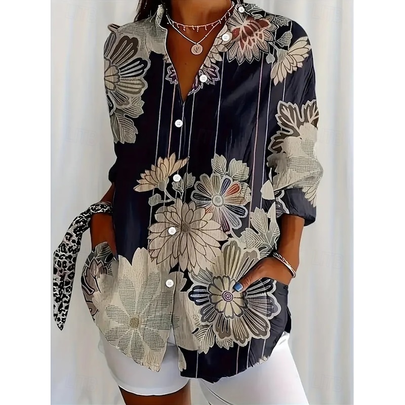 Women's Shirt Floral Graphic Vintage Daily Casual Long Sleeve Shirt Collar Regular Tops Daily Holiday Print Black And White Black Purple Orange Summer Spring