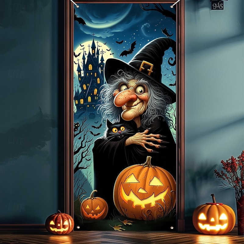 Halloween Door Covers Red Door Witch Breaking In Tapestry Door Curtain Decoration, Scary Horror Backdrop Door Banner for Front Door Indoor Outdoor Haunted House Party Decor3