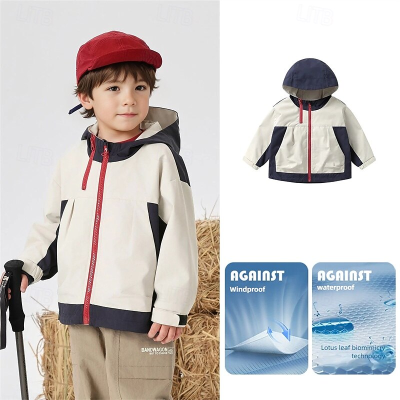 Kids Boys' Hiking Jacket Outdoor Jacket Outerwear Color Block Long Sleeve Zipper Pocket Comfort Waterproof Windproof Coat Outdoor Fashion Daily White Spring Fall 4 years+