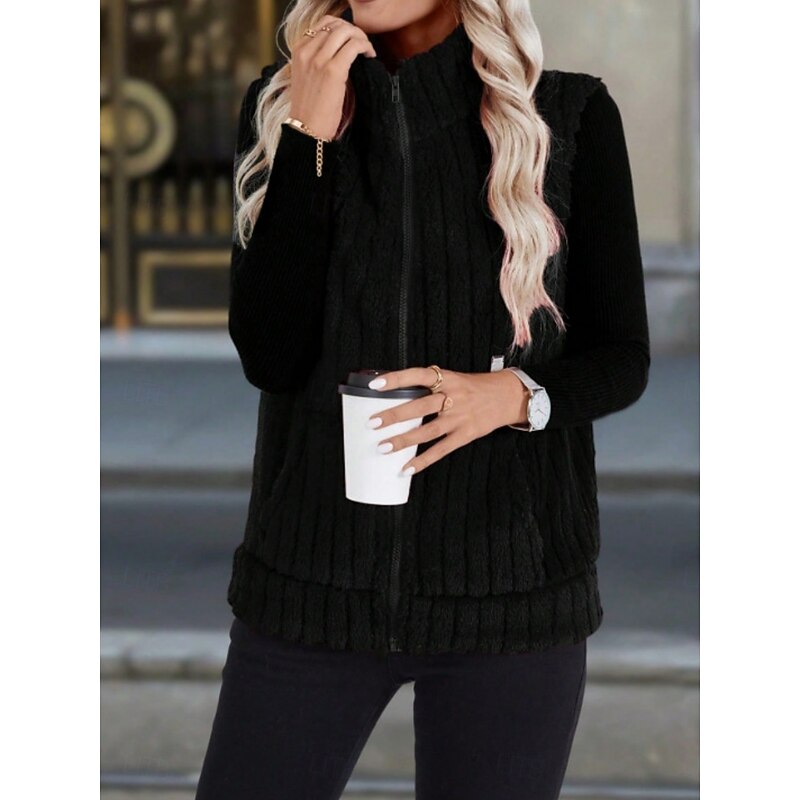 Women's Fleece Vest Comfortable Breathable Zipper Casual Plain Vacation Street Casual Daily Wear Zipper Short Turndown Regular Fit Sleeveless Outerwear Black Red Blue Spring Fall4