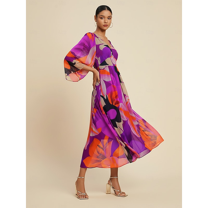 Women's Chiffon Abstract Floral Print Maxi Dress Sheer Flowing Fabric Casual Vacation Beach Resort Spring Summer Fall2